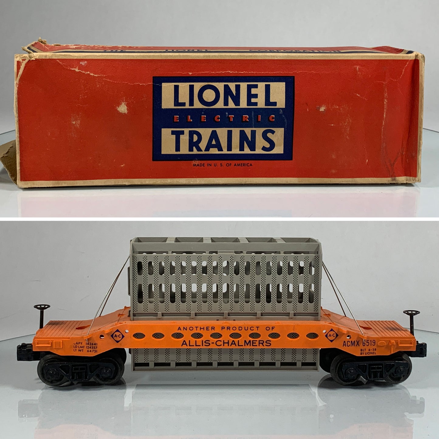 LIONEL • O GAUGE • 1958 Postwar 6519 Allis Chalmers Flat Car • Original Box • EXCELLENT COND